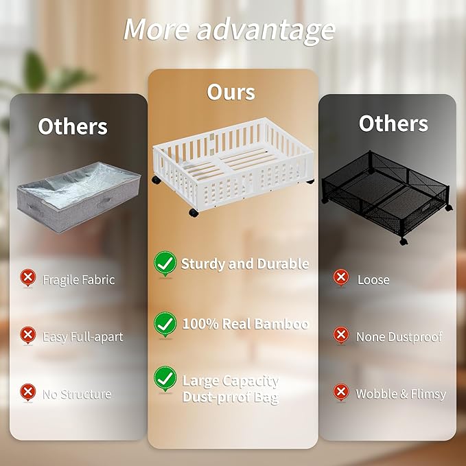 Bamboo Under Bed Storage with Wheels (2-Pack) – Rolling Underbed Shoe Organizer Box for Shoes, Blankets, Toys, Clothes Container Space-Saving Organizer Bins for Bedroom, Closet, Dorm, Nursery