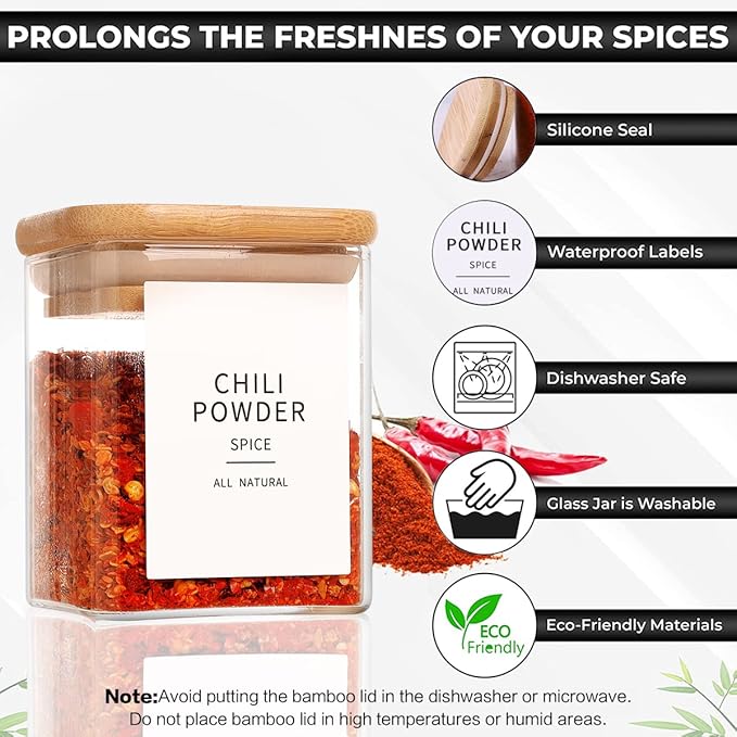12 Pcs Square Glass Spice Jars with Natural Bamboo Lids - 9oz Airtight Herb Containers with 148 Waterproof Minimalist Spice Labels Preprinted - Empty Small Seasoning Jars for Kitchen Pantry