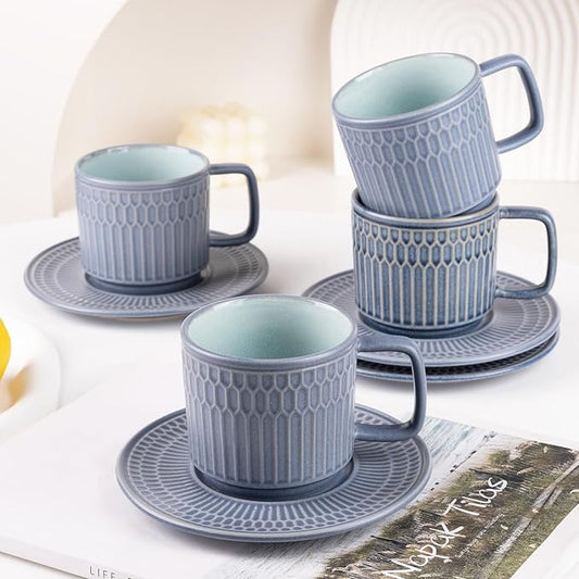 Large Cappuccino Cups with Saucers Set of 4, 8 Ounce Stackable Embossed Ceramic Coffee Mugs for Specialty Coffee Drinks, Latte, Cafe Mocha and Tea, Dishwasher & Microwave Safe (Blue)