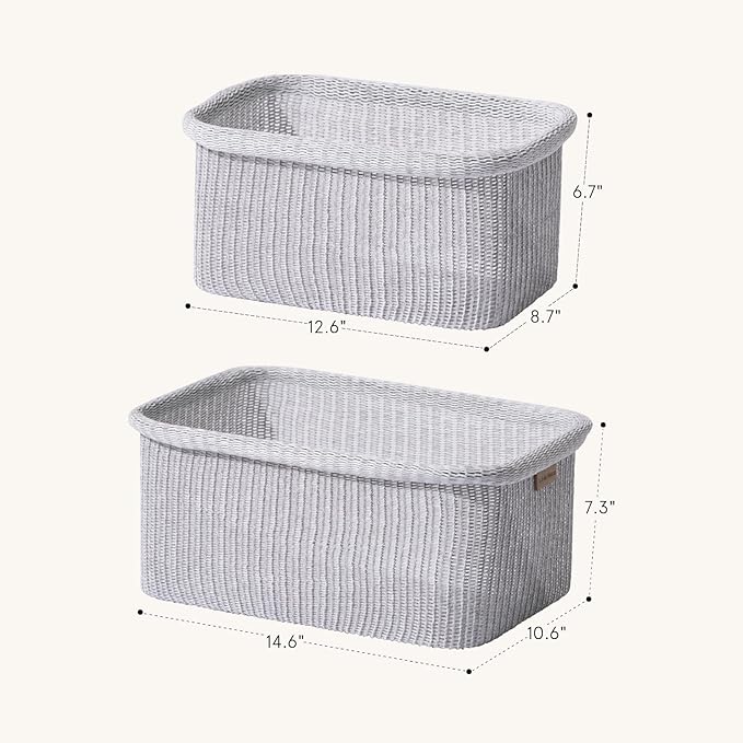 La Jolie Maison Blended Fabric Storage Baskets Set of 2, Rectangle Knitted Baskets for Organizing, Boho Decorative Baskets, Durable Finish, Grey