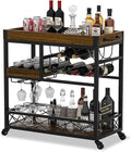 Bar Cart Industrial Kitchen Serving Carts for Home 3 Tier Storage Trolley with Wine Rack Glasses Holder Two Portable Trays Universal Casters with Brakes Rustic Rolling Cart Alcoholic Beverage