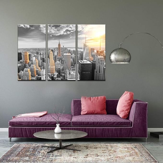 LevvArts Large 3 Piece New York City Canvas Wall Art Modern Black and White NYC at Gold Sunset Picture Prints Cityscape Skyline Poster Framed for Home Office Living Room Decor