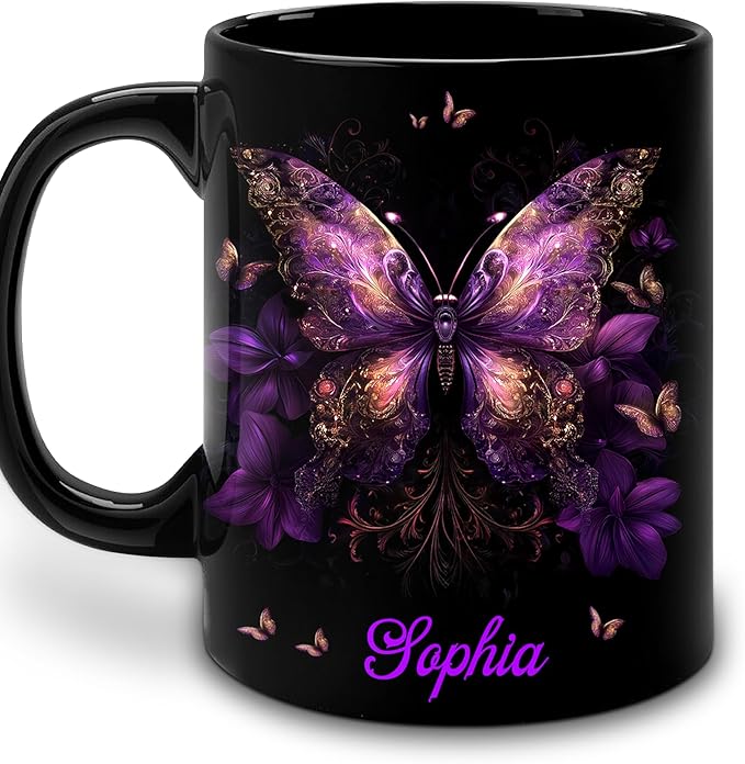 Hyturtle Personalized Purple Butterfly Mug - Butterfly Gifts For Women Lovers - Animal Gift For Bird Lover Her - Bird Gifts For Mom on Mother Day - Custom Name Coffee Cup Ceramic Mug 11 Oz 15 Oz