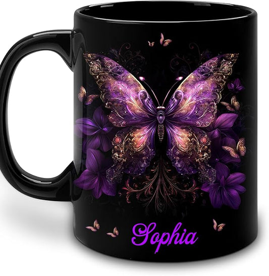 Hyturtle Personalized Purple Butterfly Mug - Butterfly Gifts For Women Lovers - Animal Gift For Bird Lover Her - Bird Gifts For Mom on Mother Day - Custom Name Coffee Cup Ceramic Mug 11 Oz 15 Oz