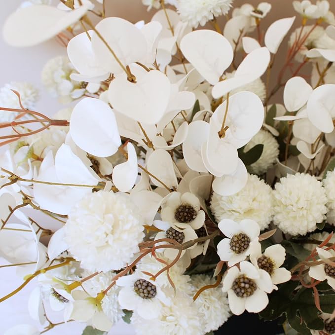 White Artificial Flowers Bulk for Vase That Look Real, White Flower Centerpiece for Table, Silk Floral for Home Decor Indoor, Faux Kiku + Eucalyptus Stems + Wildflowers, Flores Blancas Artificiales