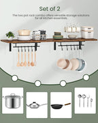 Wall-Mounted Pot Racks, Set of 2 Hanging Pot Rack, Floating Shelves, Wall Shelves, Vintage Pot Hangers for Kitchen, Wall Rack for Kitchen Storage, Rustic Brown and Black TPR26P2BF