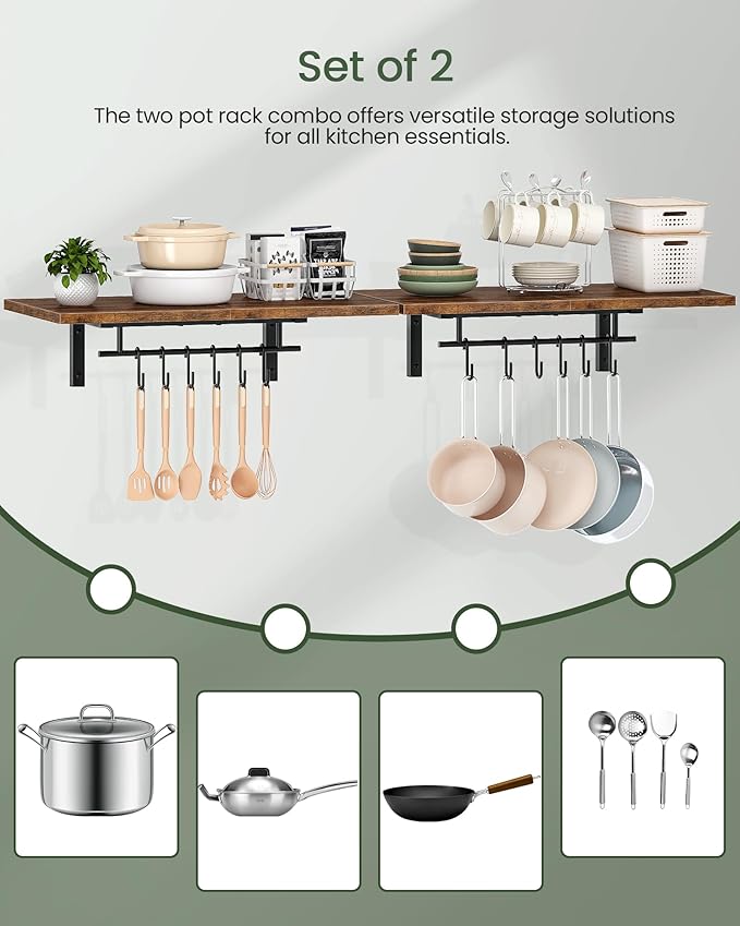 Wall-Mounted Pot Racks, Set of 2 Hanging Pot Rack, Floating Shelves, Wall Shelves, Vintage Pot Hangers for Kitchen, Wall Rack for Kitchen Storage, Rustic Brown and Black TPR26P2BF