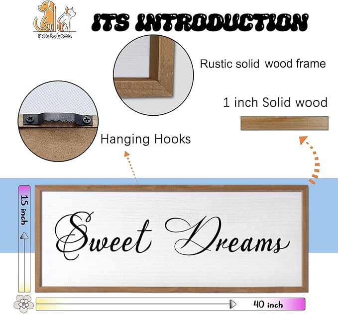 Sweet Dreams Wall Decor Above Bed 40x15 Inch Large Master Bedroom Hanging Wood Rustic Framed Farmhouse Sweet Dreams Sign Guest Room Aesthetic And Minimalist Over Bed Wall Art（Wood White）