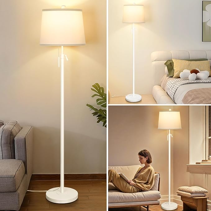 White Floor Lamp for Living Room 55-65" Adjustable Height Modern Standing Lamp with Pull Chain Tall Pole Light with White Shade for Bedroom Reading Office Corner Nursery 9W LED Bulb Included 3 Color