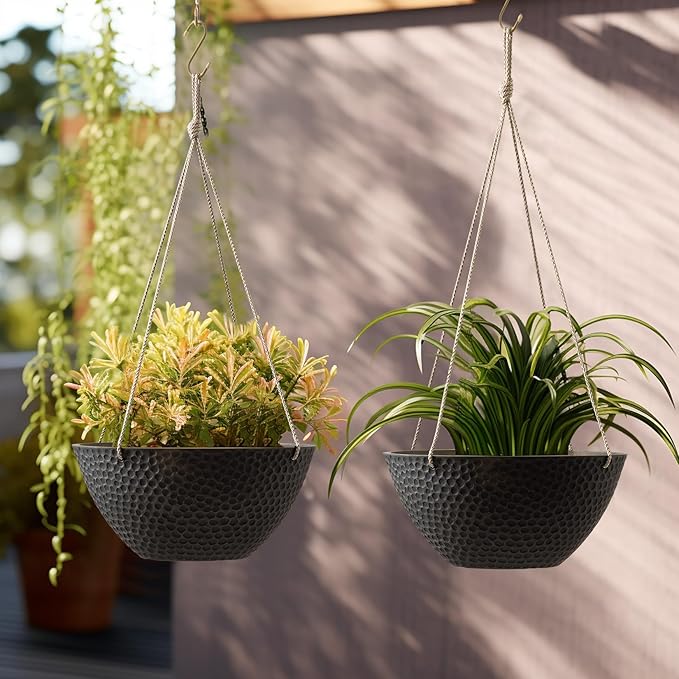 LA JOLIE MUSE Hanging Planters for Outdoor Plants, Large Hanging Planter with Drain Holes, Outdoor Hanging Flower Pots, Matte Black, Honeycomb (13.2 Inch, Set of 2)