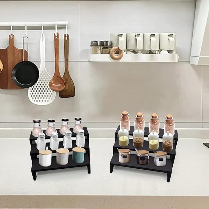 Display Wood Risers Wooden Stand 3 Tier 4 Set 12 Pieces Wood Racks Decorative Rectangular, Cupcake Stands Cologne Perfume Organizer Showcase Items(New Black)