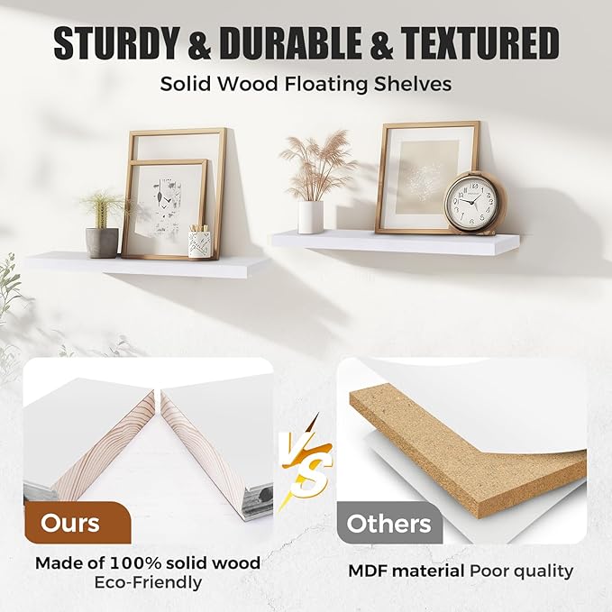 24"x6.8"x1.2" Solid Wood Floating Shelves 2-Pack - Rustic White Finish with Hidden Brackets, Perfect for Storage and Décor in Living Room, Kitchen, Bedroom