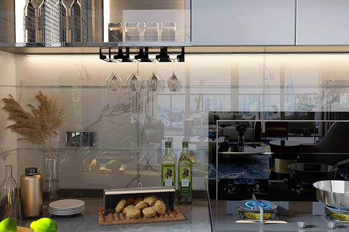 Wine Glass Rack - Under Cabinet Stemware Wine Glass Holder Glasses Storage Hanger Metal Hanging Organizer for Bar Kitchen, Black 4 Rows 2 Packs