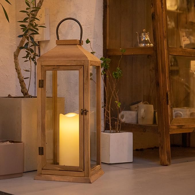 Bdor 2 Pack Lanterns Decorative - 27.5in New Zealand Pine Lanterns Decorative with Flameless Pillar Candles, Decorative Lanterns for Home Decor, Indoor Outdoor, Front Porch, Garden, Farmhouse Style