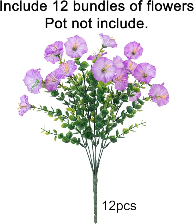 Artificial Flowers for Outdoors Fake Plants Outside Decoration, 12 Bundles Silk Purple Morning Glory UV Resistant Look Real Faux Flowers for Planter Front Door Porch Patio Yard Gardens Home