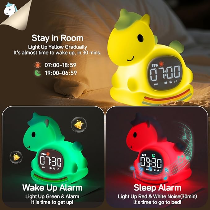 Alarm Clock for Kids with Night Light, Sleep Training Clock Time to Wake Clock, Rechargeable Silicone Light for Bedroom, Perfect Sleep Companion for Boys Girls, Blue Pony