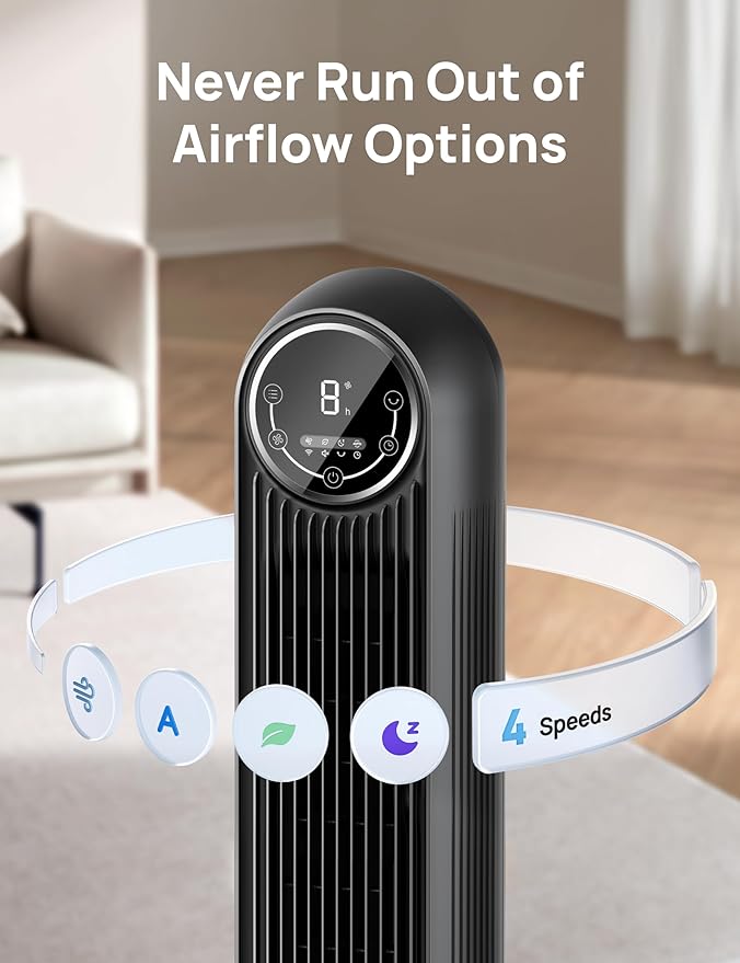 Dreo Tower Fan for Bedroom, Smart Oscillating Quiet Floor Fans, Standing Bladeless Fan with Remote and WiFi Voice Control, 4 Modes, 4 Speeds, 8H Timer, 28dB, Works with Alexa/Google