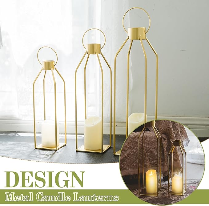 HPC DECOR Modern Farmhouse Lantern Decor- 22''19''16''Tall Large Gold Metal Candle Lanterns for Home Decor-Lanterns Decorative w/Timer Flickering Candles for Living Room,Outdoor,Fireplace Mantle Decor