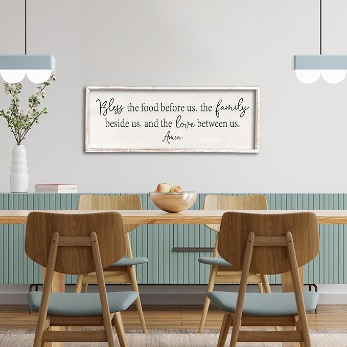 Bless the Food Before Us Sign Wall Decor 40"X15" Large Farmhouse Dining Room Wall Decor Framed Wood Rustic Home Wall Art Kitchen Decoration (White)