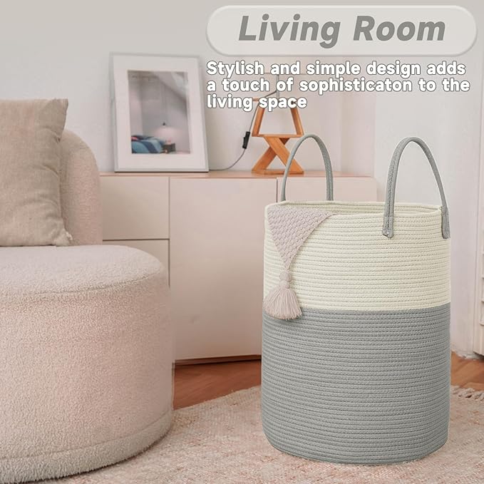 Large Woven Laundry Basket Hamper,80L Cotton Rope Storage Bin for Blankets,Toys and Clothes,Decorative Tall Nursery Hamper for Living Room,Baby Nursery,Bathroom and Bedroom,White and Grey