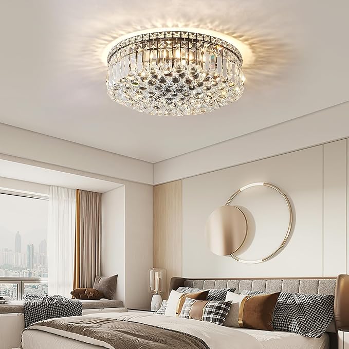 6-Lights Black Crystal Flush Mount Chandelier Light Fixture K9 Crystals Modern Ceiling Lights Elegant Pendant Lamp for Bedroom,Hallway,Bar,Living Room,Dining Room,H5.9 xW20 (Bulbs Not Included)