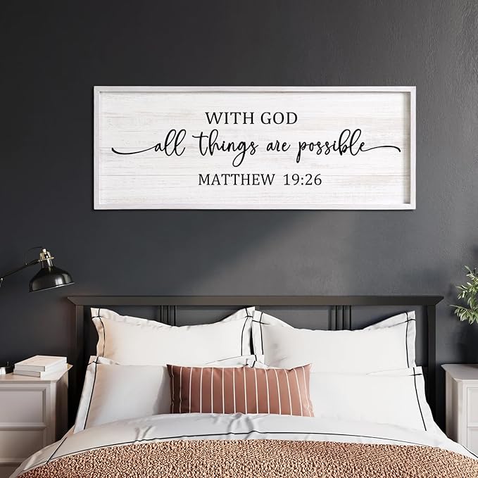 With God All Things are Possible Framed Wall Art, 40''×15'' Vintage Holy Religious Rustic Bible Verse for Christian God Jesus Christ Prayer, Positive Horizontal Inspirational Catholic Scripture Decor
