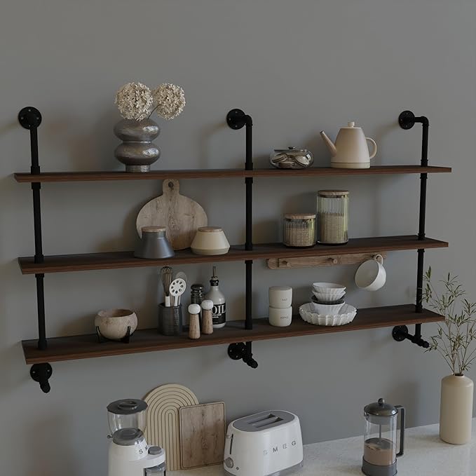ROGMARS Industrial Pipe Wall Shelves Pipe Shelving,Natural Wood 60 Inches Long Walnut Floating Shelves for Wall Farmhouse Pipe Book Shelves for Kitchen,Living Room, Bar Shelving