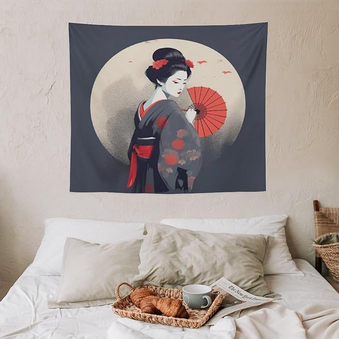 Japanese Woman Geisha Tapestry Asian Red Cherry Blossom Red Sun Traditional Kimono Folk Tapestries Home Decor for Living Room Bedroom Apartment Farmhouse Dorm 60"x50"