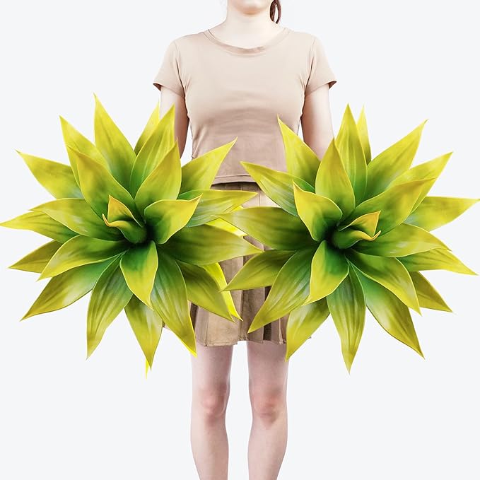 Artificial Agave Plants,Large UV Resistant Fake Agave Planters for Indoor and Outdoor Decorating Tropical Plant Succulents Greenery Indoor Decor (2Pack,22" Yellow)