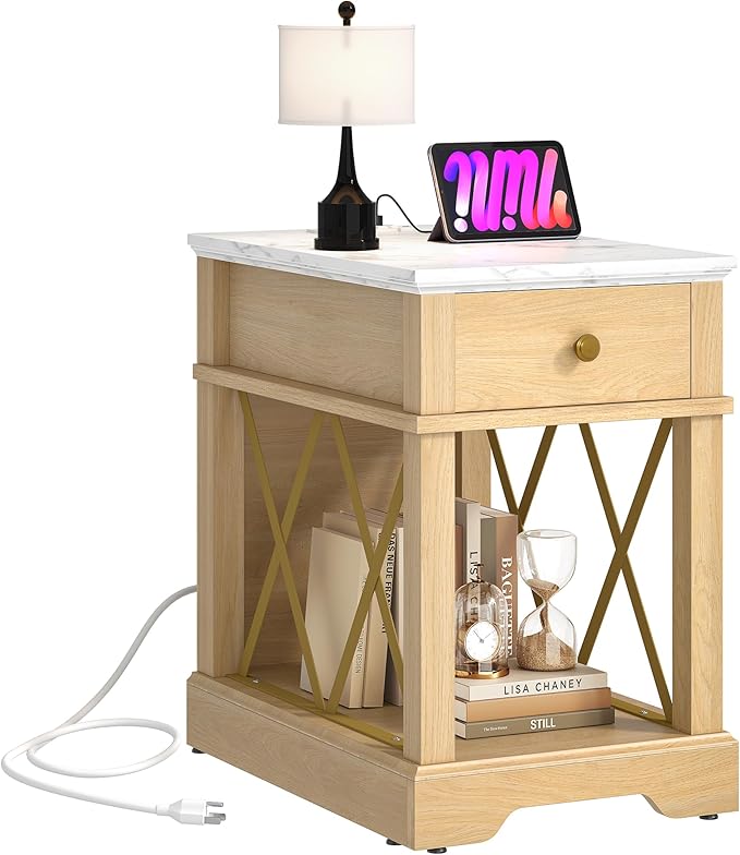 Farmhouse End Table with Charging Station & Drawer by YITAHOME