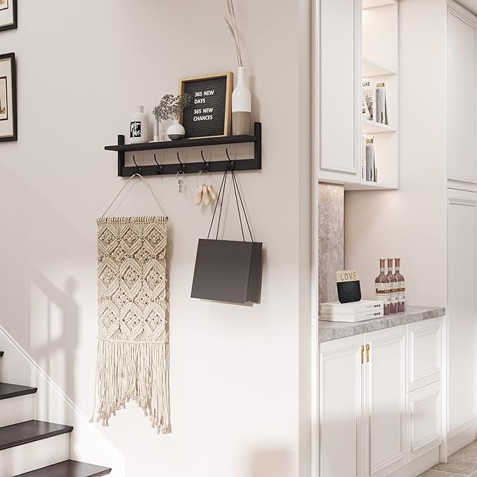 AMBIRD Wall Hooks with Shelf Entryway Hanging Wood Coat Hooks with Shelf Wall-Mounted Coat Hook Rack with 5 Dual Hooks for Bathroom, Living Room, Bedroom (Stylish)