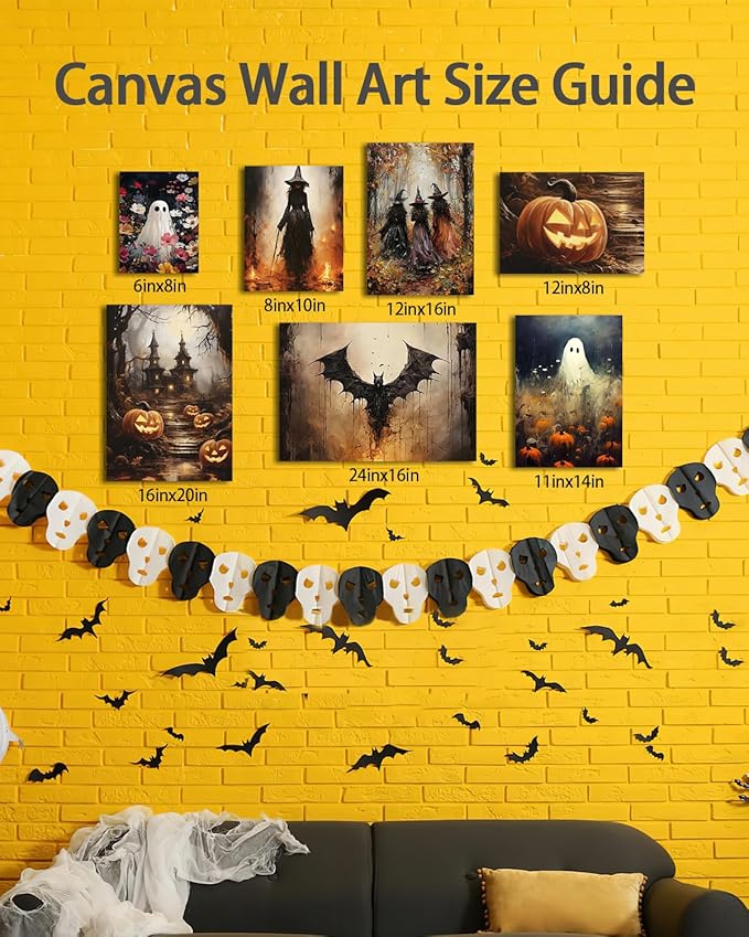 Halloween Canvas Wall Art, Spooky Ghost in Pumpkin Patch Poster, Vintage Gothic Fall Decor, Dark Academia Fall Decor for Living Room, Framed Indoor Halloween Decorations