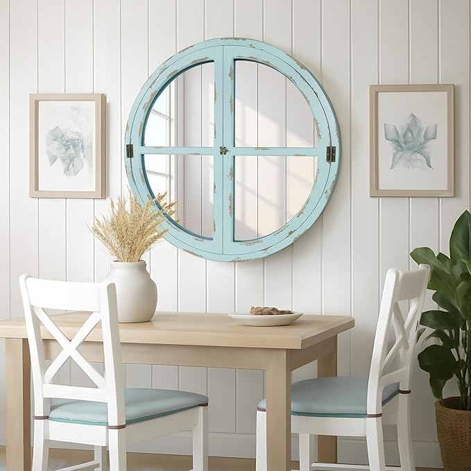 30" Round Window Mirror, Vintage Coastal Wall Mirror with Distressed Blue Wood Frame & Faux Windowpanes, Farmhouse Cottagecore Decor for Living Room, Entryway, or Dining Room
