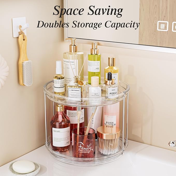 LAMU 2 Pack 10.6'' 2-Tier Lazy Susan Turntable Organizer Rotating Spice Rack Organization for Cabinet, Kitchen, Pantry, Countertop, Bathroom, Vanity, Makeup Organizer, Clear