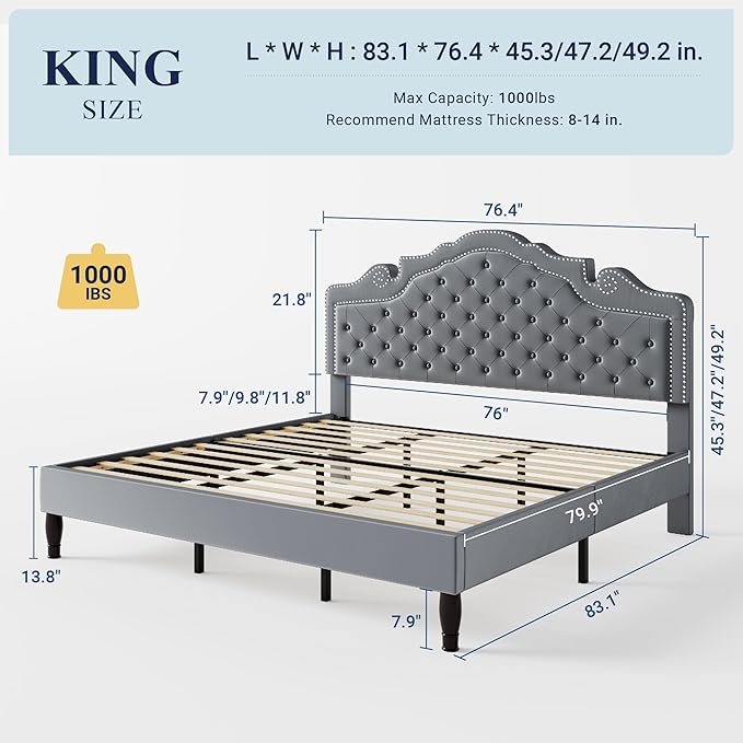 Allewie King Size Bed Frame with Adjustable Velvet Tiara Headboard, Upholstered Diamond Button Tufted Platform Bed, Wood Slats Support, No Box Spring Needed, Light Grey