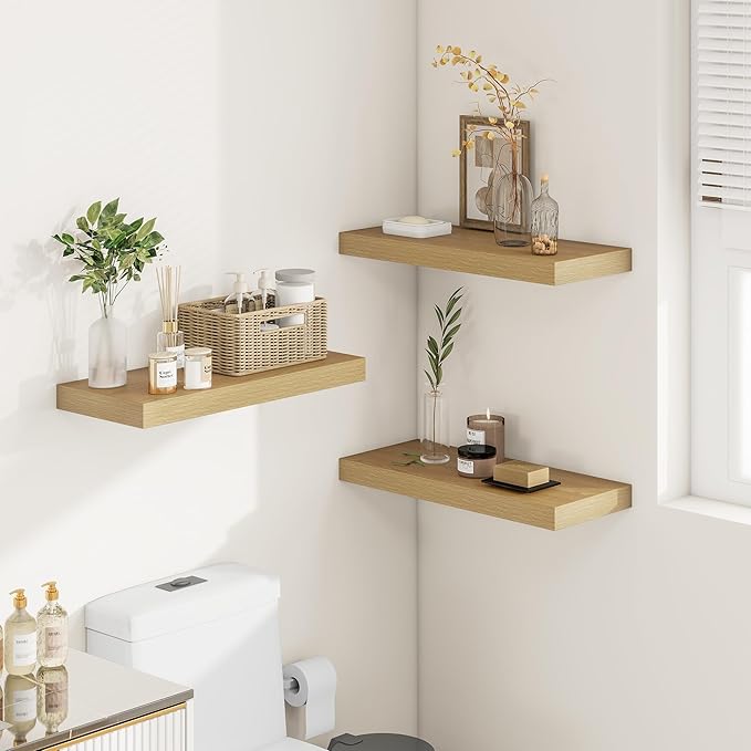 12 Inch Deep Floating Shelves 24 inch Long, 24 x 12 Wide Wall Shelves with Invisible Brackets, Heavy Duty Shelf for Bedroom Bathroom Living Room Kitchen Office Home Decor, Modern Shelf Set of 2, Oak