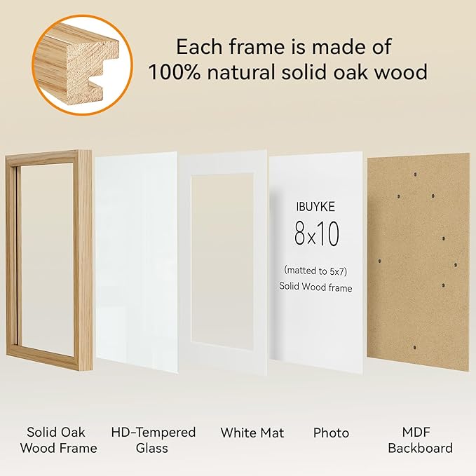IBUYKE 8x10 Picture Frame,Set of 3,Solid Oak Wood 8x10 Photo Frame with Mat to 5x7,10x8 Picture Frames With Tempered Glass,Tabletop or Wall Mount Display,Home Decor,Natural Oak 8 x 10 Frame,UWPF0810N-3