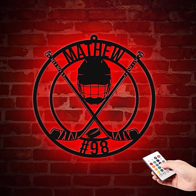 Custom Hockey Stick LED Sign – Personalized Name Signs, Neon Wall Light with Puck Metal Sign, Hockey Room Decor for Boys, Players, Man Cave, Fans, Coaches
