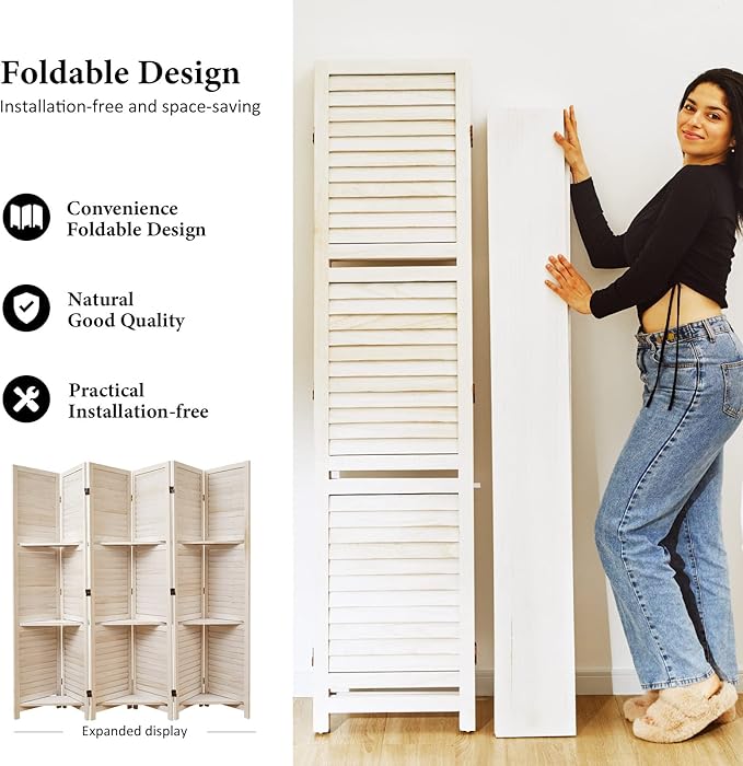 Partition Room Dividers, Folding Wood Privacy Screen with Three Display Shelves Suitable for Home Office, Study, Art Display - 6 Panel, 67 * 77inch (White)