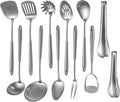 304 Stainlss Steel Kitchen Utensils Set, 12 Pcs Long Metal Cooking Utensil Gadgets Tools Set with Spatula, Ladle, Spoon, Ladle, Skimmer, Tunner, Pasta Server, Tongs(Silver, Dishwasher Safe)