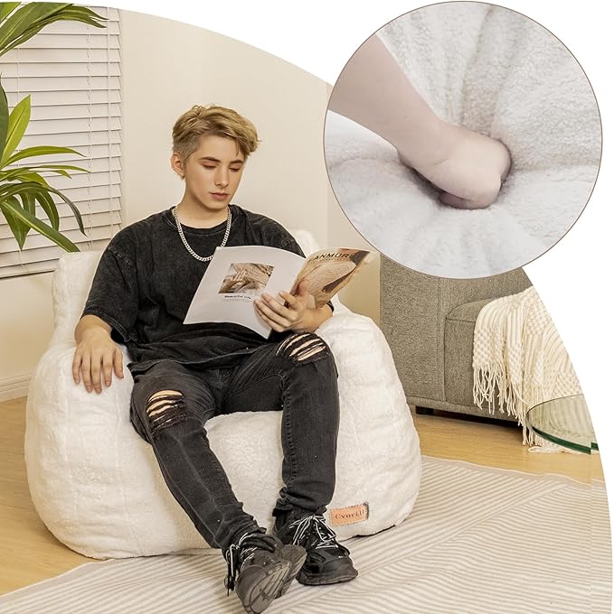 Bean Bag Chair with Filler, Bean Bag Sofa with Tufted Soft Stuffed Filling, Fluffy and Lazy Sofa, Comfy Cozy BeanBag Chairs with Memory Foam for Dorm, Apartment, Living Room (White)