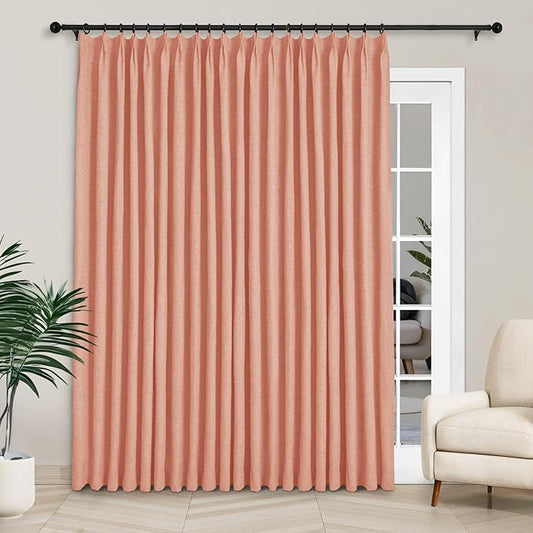 Macochico Extra Wide 100% Blackout Linen Curtains for Sliding Door Pleated Curtains with Hooks Insulated Soft Linen Drapes for Bedroom Living Room with Tieback Orange 100”Wx84”L 1 Panel