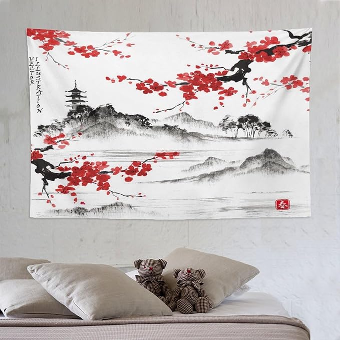 Cherry Blossoms Tapestry, Japanese Fuji Mountain Tapestry, Asian Japanese Wall Tapestry, Nature Landscape Tapestries for Bedroom Living Room Decor 90"x60"