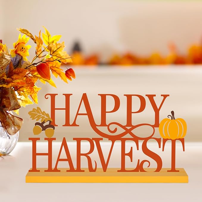 COCHIE Metal Happy Harvest Sign, Orange Fall Decorations for Home, Office, Shelf, Mantel, Indoor, Autumn Pumpkin Decoration, Hello Fall Leave Decor (Harvest)
