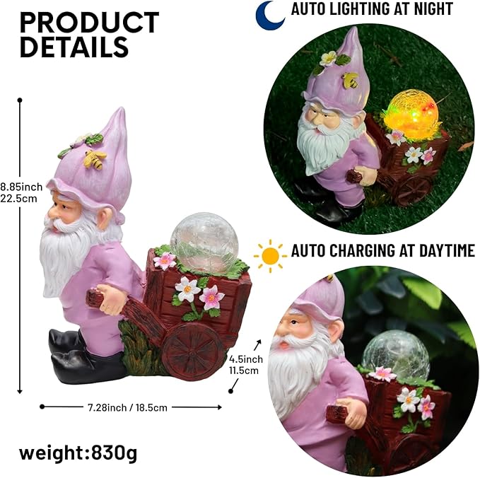 Solar Garden Gnome Statue with Crackle Glass Globe Lights, Waterproof Outdoor Decor for Patio, Lawn, or Yard, Whimsical Housewarming Gift(Pink Gnomes)