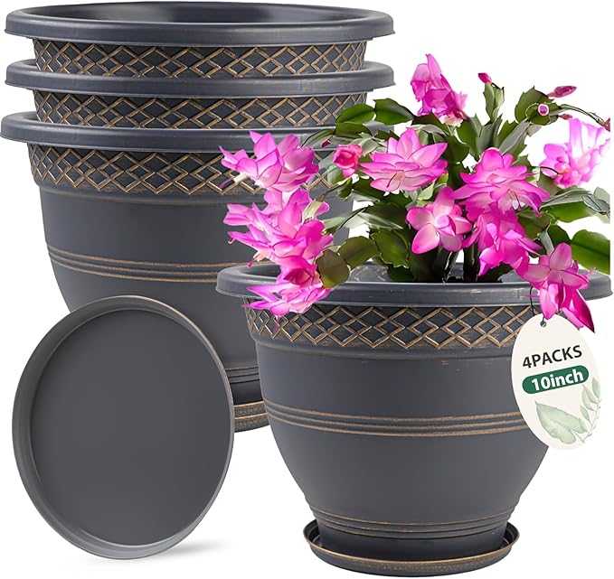 10 Inch 4 Pack Large Plant Pots, Plastic Flower Pot for Indoor & Outdoor with Drainage Holes & Saucer, Plaid Pattern Planters Garden Pots for Herbs