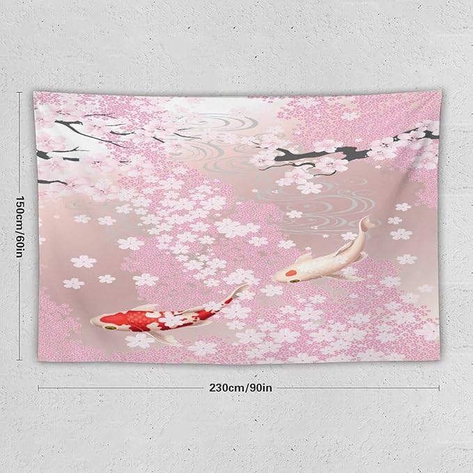 Houselerax Japanese Koi Fish Tapestry, Cherry Blossoms Asian Oriental Pink Flower Branch Koi Fish Carp Tapestries Wall Hanging for Bedroom Living Room Office Decor 90"x60"