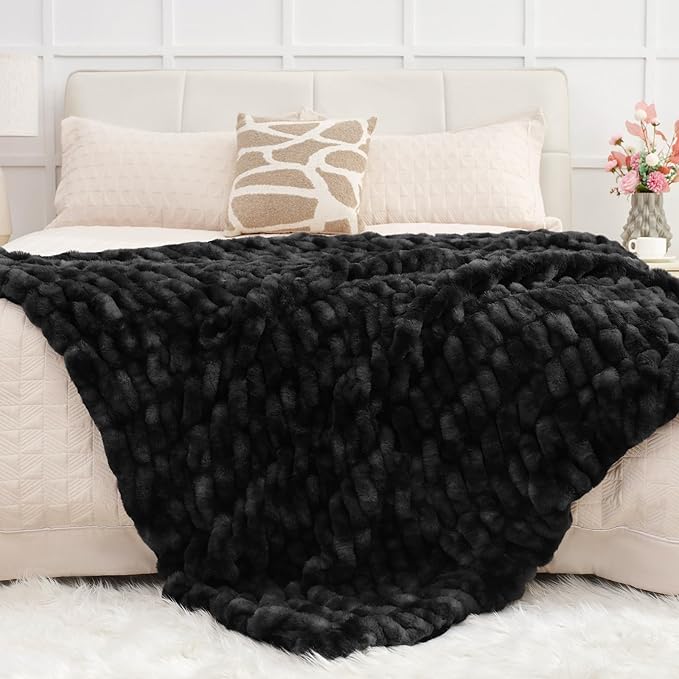 Ultra Soft Luxury Faux Fur Twin Blanket for Counch,Fuzzy Fluffy Plush Warm Cozy Elegant Wrinkled Blanket for Sofa Bedroom Living Room,（60"x80",Tie-dye Black）