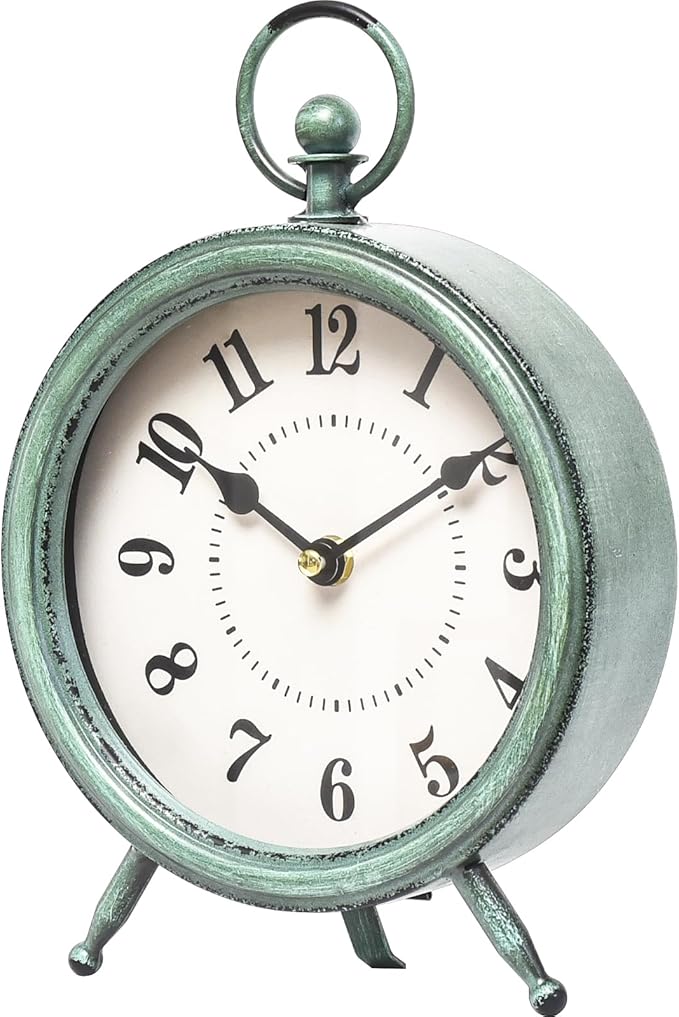 Vintage Rustic Green Table Clock on Stand, Decorative Desk and Shelf Clock，Decorative Battery Operated Table Top Clock for Living Room，Silent Non-Ticking