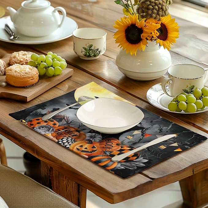 Black Cat Halloween Placemats Set of 4 Spooky Pumpkin Boo Bat Moon Horror Place Mats 12x18 Inch Seasonal Washable Linen Table Mat for Party Kitchen Dining Outdoor Indoor Decor